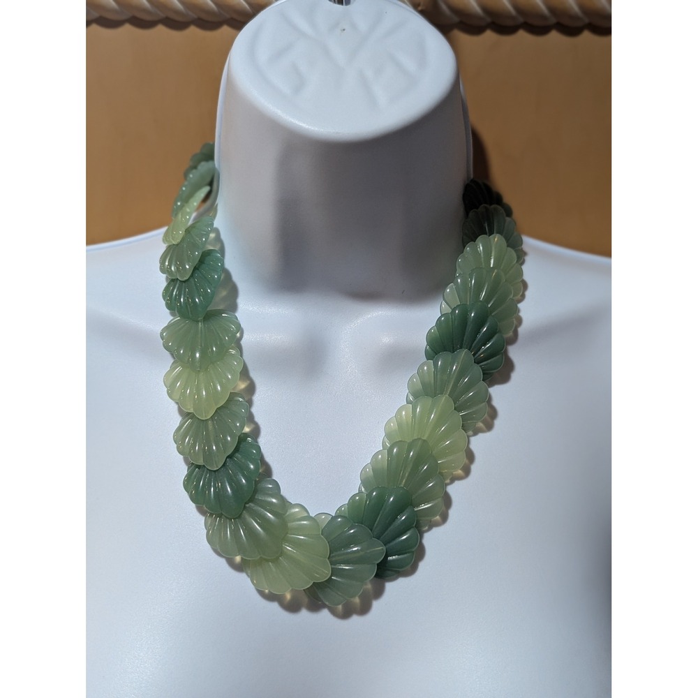 Vintage Moonglow Lucite Green Leaf Statement Necklace Carved Shell W/ Extension